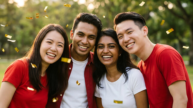 Diverse Singaporean Friends Celebrating National Day Outdoors