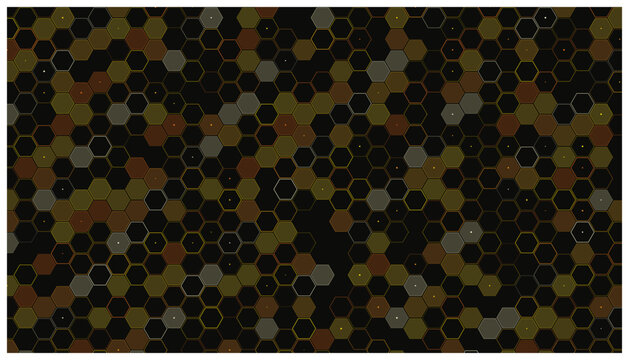 Dark hexagonal grid pattern with small colored dots and outlines.