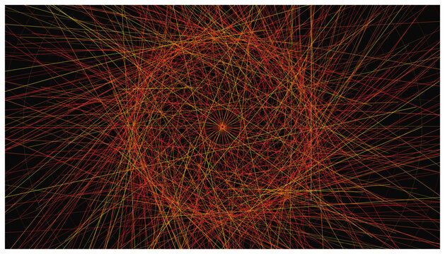 Complex geometric string art lines radiating from center in warm gradient.