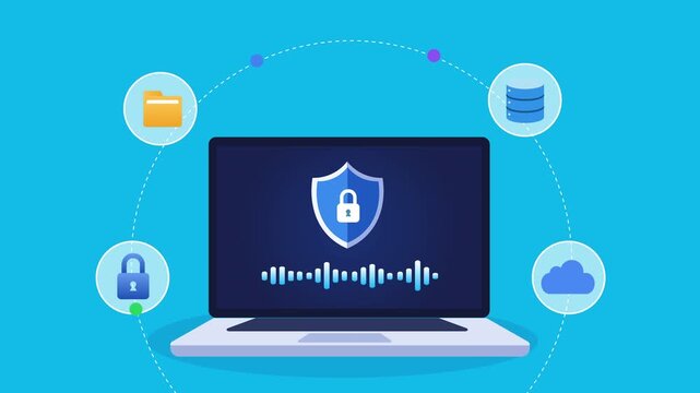 Animated flat vector motion graphic featuring an AI cloud security interface on a laptop with shield, folder, database, cloud, and lock icons. Ideal for cybersecurity, cloud storage, and artificial in