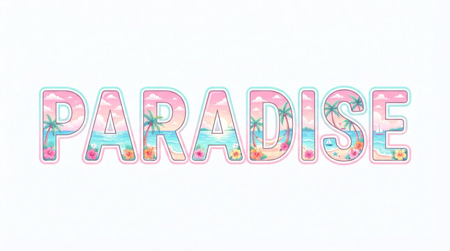 Decorative PARADISE typography with pastel tropical beach, palm trees, turquoise sea, flowers, sailboats, and island scenery inside stylish outlined letters.