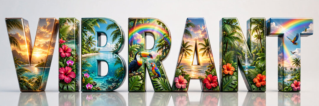 Collection of tropical travel destination typography designs featuring vibrant beach.