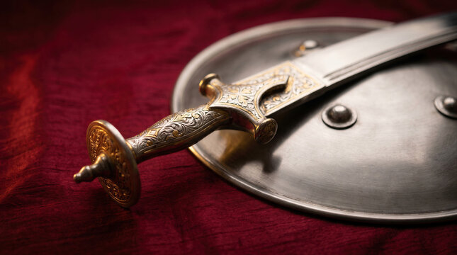 Ancient ornate dagger and metal shield on red fabric, medieval golden weapon with intricate engraving, royalty, conquest, historical craftsmanship, antique luxury.