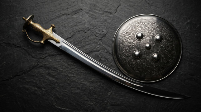 Decorative vintage sword and shield with intricate metal engravings, ornate steel blade and round buckler on black stone texture background, historical weapon concept.