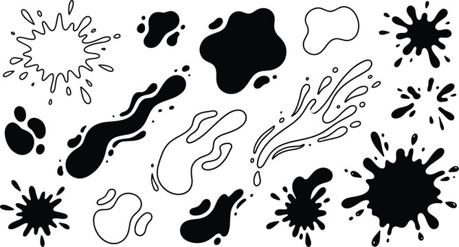 Black and White Liquid Splash and Ink Splatter Vector Element Set for Creative Graphic Designs, Textured Backgrounds, and Abstract Comic Artwork