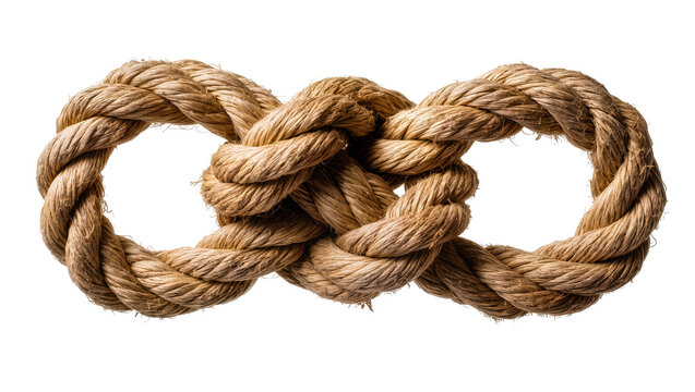 Thick braided jute rope forming an infinity symbol, isolated on transparent background