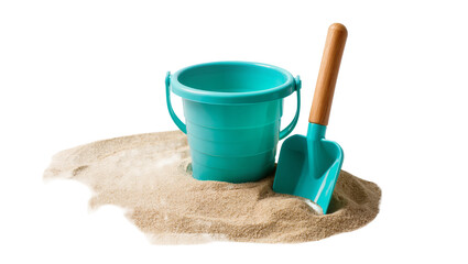 Turquoise plastic bucket and shovel on sand, isolated on transparent background © Sorin