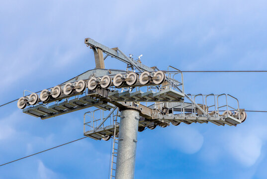 An support tower and roller system for a cable car or ski lift, designed to guide the heavy haul cables securely. Ski lift pylon or cable car support tower, aerial lift tower