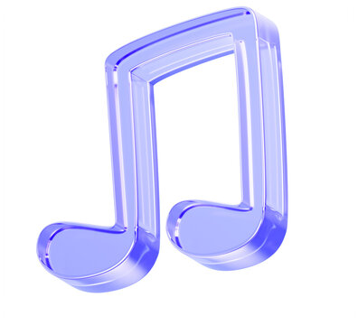 3D hologram glass music note song icon render. Staff notation, notehead with beam, bar line connects stems. Musical rhythm, sound and melody, crystal symbol with blue purple gradient