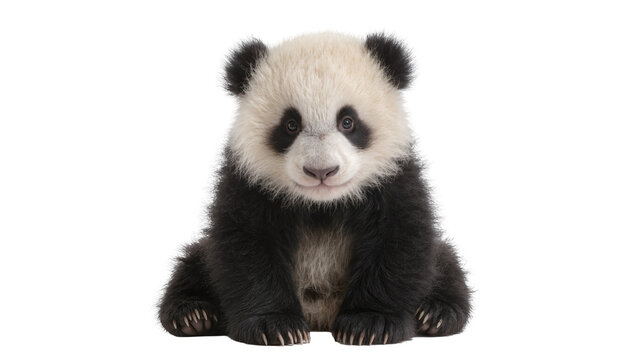 Fluffy baby panda sitting, isolated on transparent background