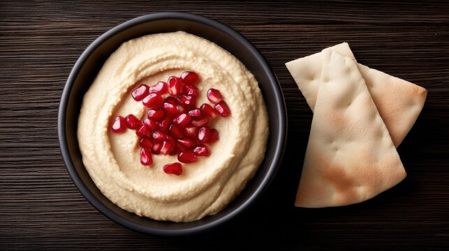 Hummus with pomegranate seeds and pita bread on a wooden surface