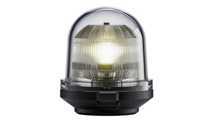 Clear glass dome beacon light with ribbed lens and bright yellow bulb, isolated on transparent background © Sorin