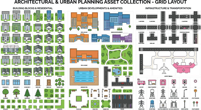 Architectural and Urban Planning Asset Collection Vector Illustration with Top View Building Blocks, Residential Houses, Public Parks, Roads, and Airport Infrastructure Elements