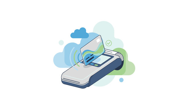 Modern contactless payment terminal processing a credit card transaction with digital cloud icons.