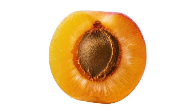 Juicy ripe apricot half with brown pit, isolated on transparent background