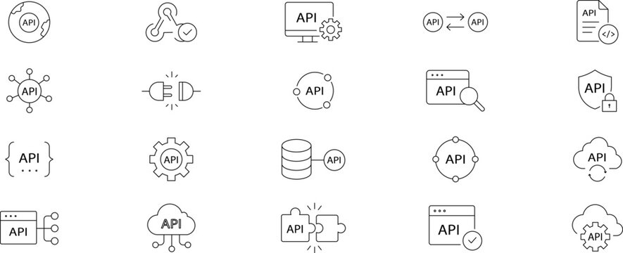 API Integration & Developer Tools Line Icons Set &ndash; REST API, Cloud API, Software Development Vector
