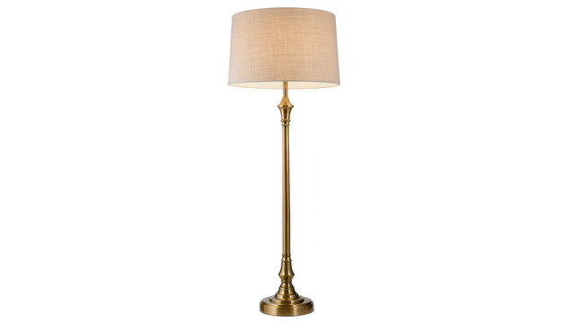 Tall brass floor lamp with beige linen shade, isolated on transparent background