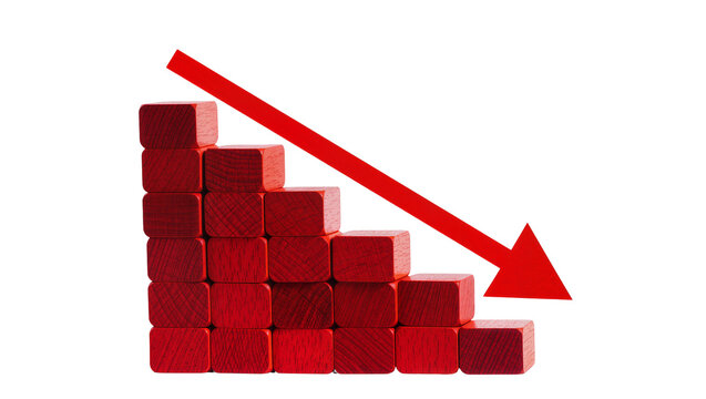 Red wooden blocks forming a downward graph, isolated on transparent background