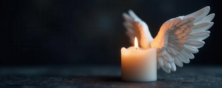 Dark background, white candle, angel wings, sympathy card design, template, graphic, faith