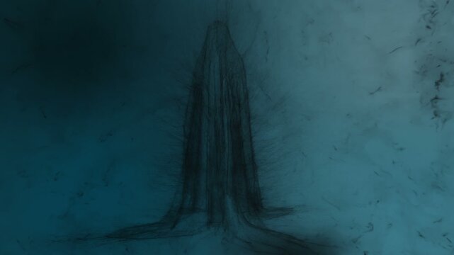 Concept animation of a nightmare with a watching ghost in afterlife. 3d animation built from particles