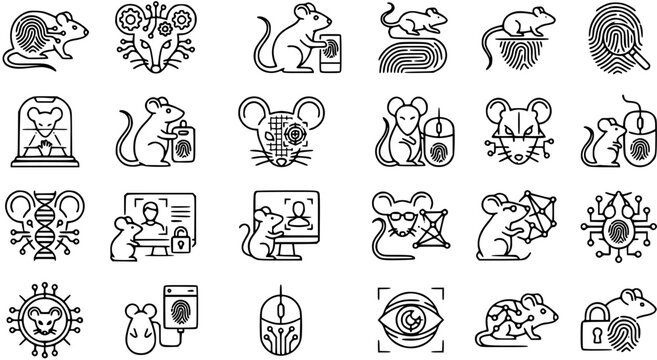 Cybersecurity Biometric Technology Mouse Line Art Icons Set. Digital Security, AI, and Genetic Research Outline Symbols Collection.