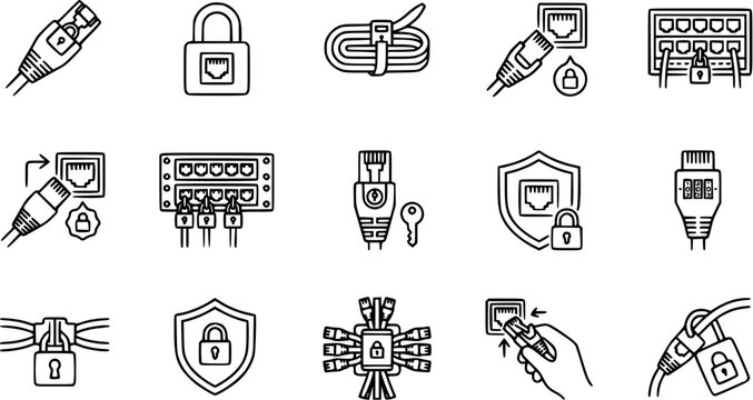 Network Security Icons: Ethernet Cables, Locks, and Switches in Line Art Style