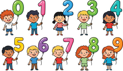 Fototapeta premium Cute Multiethnic Cartoon Children Holding Colorful Number Shaped Balloons Set from Zero to Nine for Kids Math Education and Birthday Graphic Designs