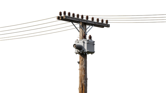 Wooden utility pole with transformer and insulators, isolated on transparent background