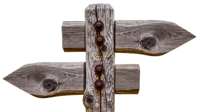 Rustic wooden directional signpost with rusty bolts, isolated on transparent background