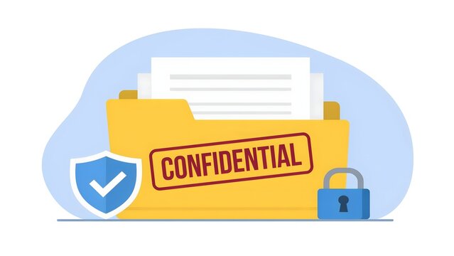 Yellow digital file folder featuring a bold red confidential stamp and a secure blue padlock icon alongside a protective shield symbol with a white check mark set against a soft light blue background 