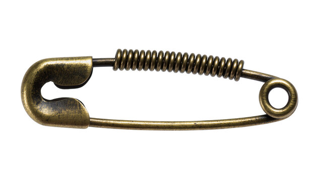 Antique brass safety pin with coiled spring, isolated on transparent background