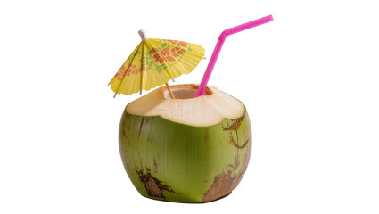 Green coconut with pink straw and yellow umbrella, isolated on transparent background © Sorin