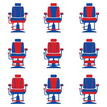 Collection of retro barber chairs, blue and red upholstery, hydraulic lift base, armrests, and footrests, set against a white background, representing vintage salon equipment and grooming services
