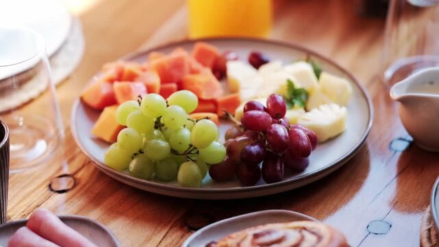 A fruit platter with grapes, papaya and pineapple on a breakfast table