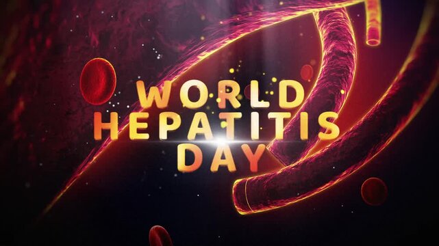 World Hepatitis Day awareness campaign animation with glowing text. 3D medical health event motion graphics for global disease prevention.