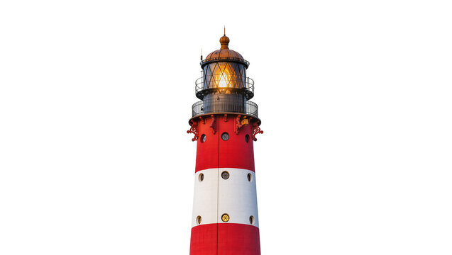Red and white striped lighthouse with glowing lantern, isolated on transparent background