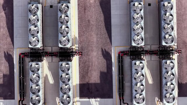 Straight-down aerial view slides across rows of identical cooling systems at a hyperscale data center campus