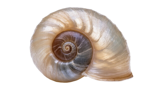 Close-up of a pearlescent snail shell spiral, isolated on transparent background