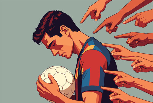 Sad soccer player holding a ball bows his head as multiple hands point accusingly at him to signify blame and public criticism.