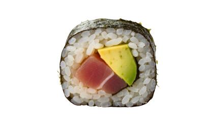 Tuna and avocado sushi roll with nori and rice, isolated on transparent background © Sorin