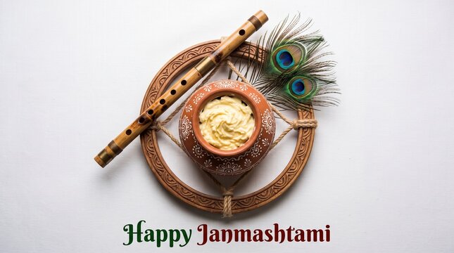 A festive janmashtami display with makhan pot, flute, peacock feathers and decorative golden frame