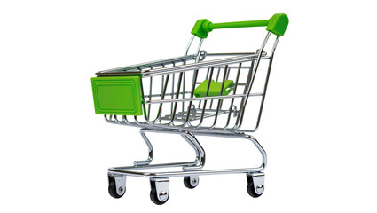 Miniature chrome shopping cart with green accents, isolated on transparent background © Sorin