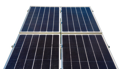 Four dark blue solar panels with silver frames, isolated on transparent background © Sorin