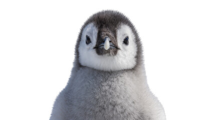 Fluffy grey emperor penguin chick with dark grey head, isolated on transparent background © Corotaev
