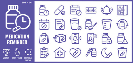 Fototapeta premium Medication reminder and pill organizer line icon set