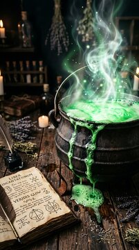 Witches bubbling green cauldron with magic book and candles halloween