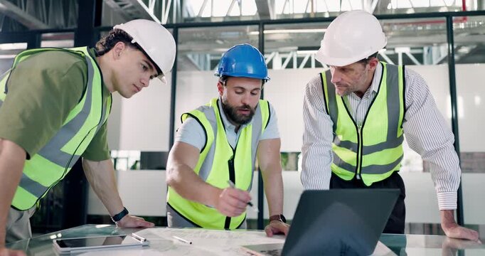 Engineer, men and construction team with laptop, maintenance planning or renovation idea. Computer, architect and discussion with review for building design, blueprint or quality assurance in office