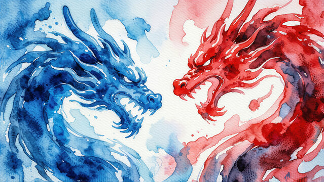 karate lively blue and red watercolor dragon painting facing each other