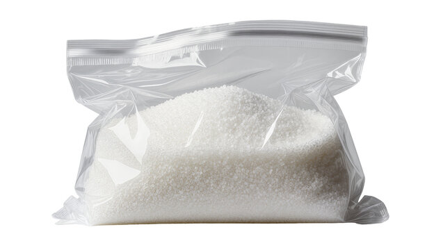 Clear plastic zipper bag filled with coarse white sugar, isolated on transparent background