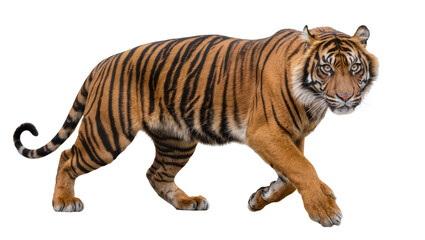 Obraz premium Majestic tiger with black stripes walking, isolated on transparent background